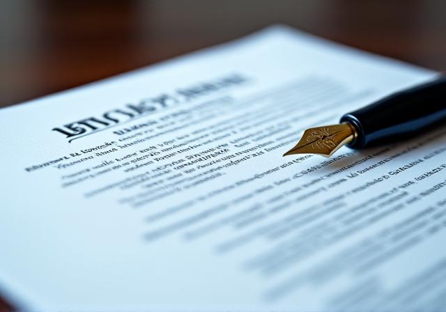 Close-up of a legal contract with a fountain pen